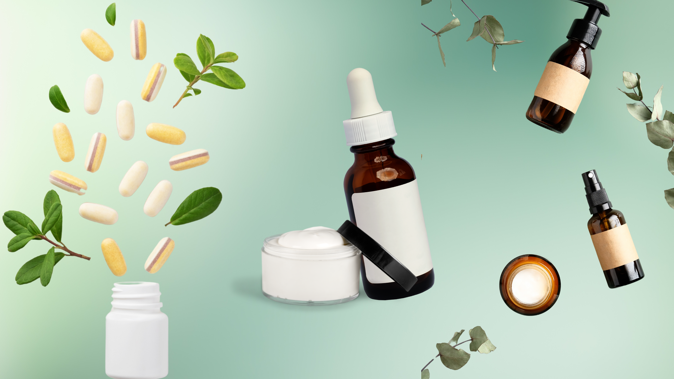 Supplements and cosmetics on green background